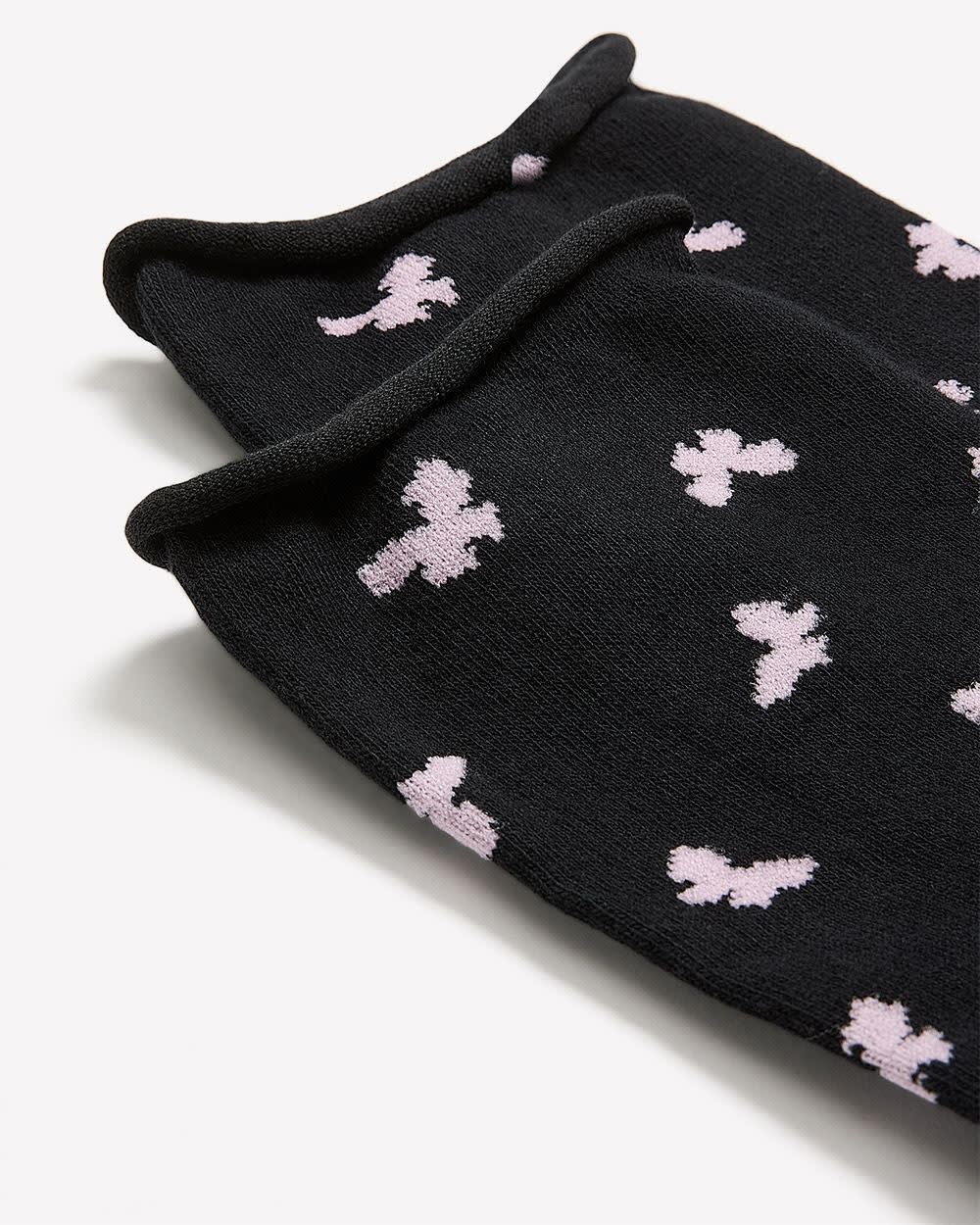 Black Butterfly-Print Crew Socks with Rolled Edge