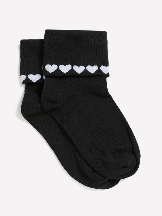 Black Fold-Over Ankle Socks with Heart Print