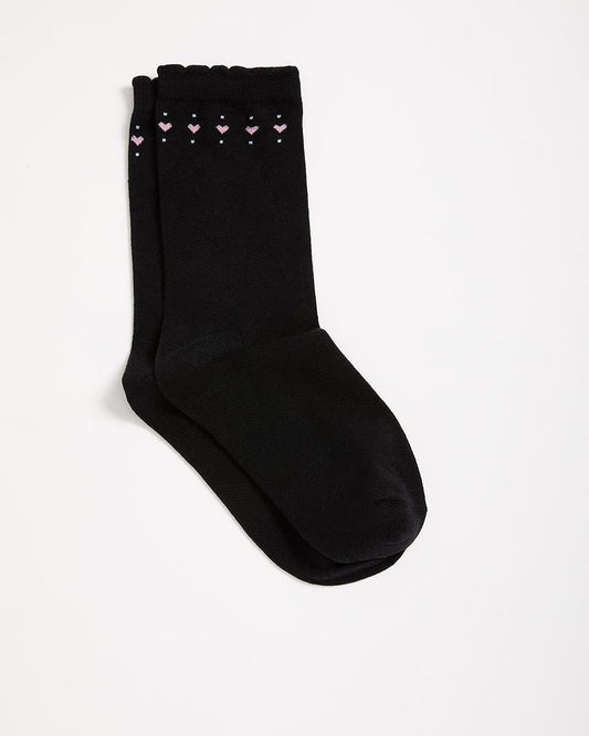 Scalloped-Edge Crew Socks with Hearts Placement Print