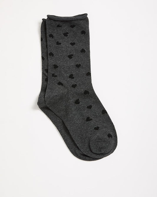 Rolled Edge Crew Socks with Heart Print