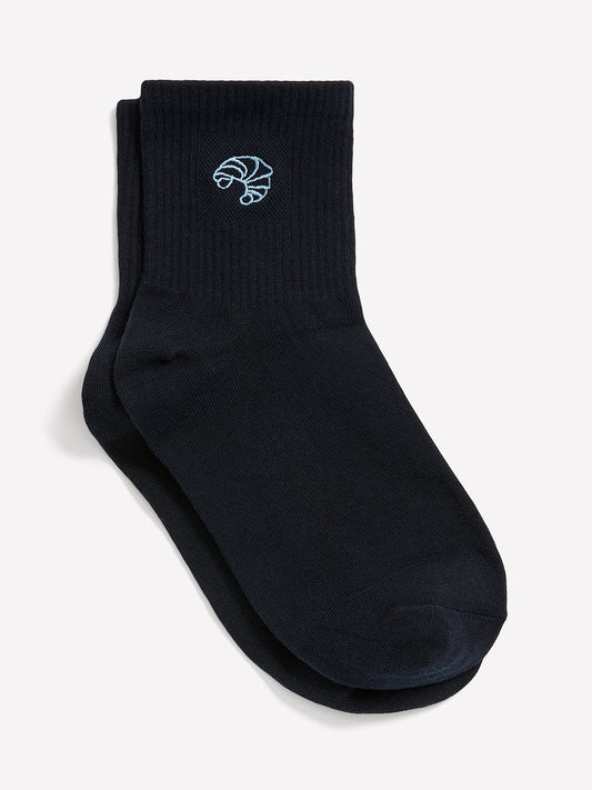 Blue Ankle Socks with Croissant Embroidery
