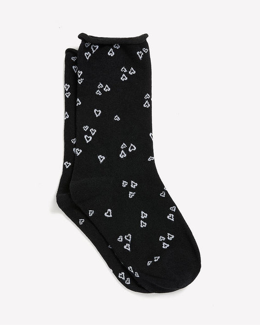 Black Crew Socks with Heart Outline Print
